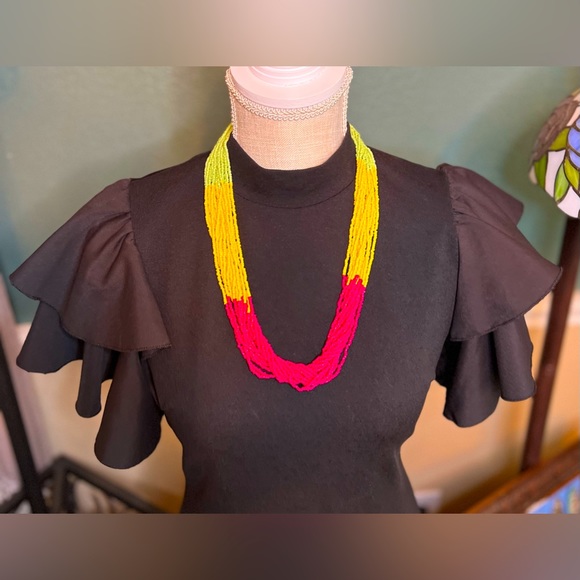Jewelry - Vintage Neon Pink, Yellow, & Green Tricolor Beaded Multi String Necklace
